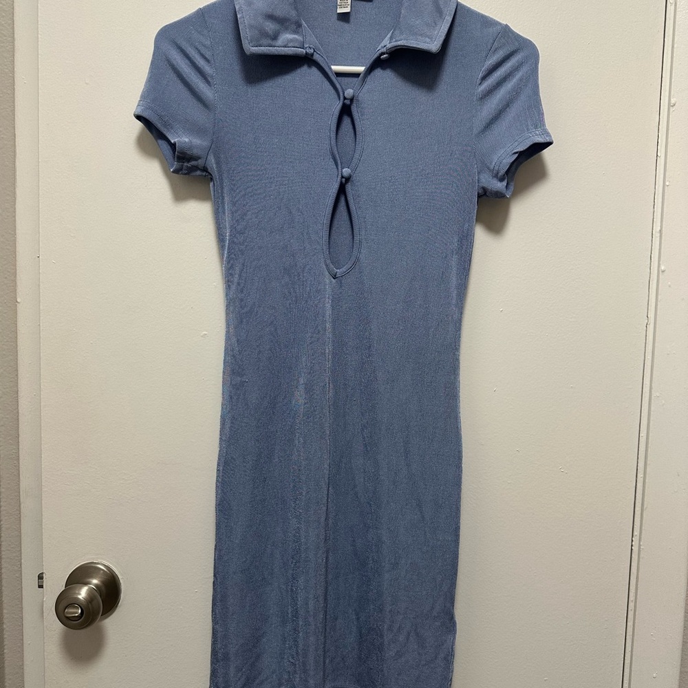 Urban Outfitters Light Blue collar dress with tie button  detail